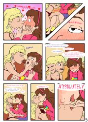 2girls aged_up aroused blonde_hair blush brown_hair comic english_text gravity_falls hands_on_breasts lesbian_kiss mabel_pines multiple_girls pacifica_northwest page_5 page_number sealedhelm speech_bubble straight_hair surprised tongue_out underwear yuri