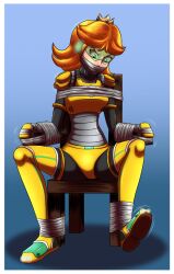 angry armor bondage green-tinted_eyewear green_trim helpless mario_(series) mario_strikers power_armor princess_daisy sitting struggling stuck tape taped_ankles taped_arms taped_legs taped_mouth taped_to_chair taped_wrists tinted_eyewear trapped upset visor visor_(armor) yellow_armor