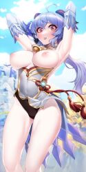 1girls akchu armpits arms_up bare_legs blue_hair breasts color colored female female_focus female_only ganyu_(genshin_impact) genshin_impact goat_horns high_resolution highres horn horns looking_at_viewer mountain nipples open_mouth outdoors outside red_eyes thick_thighs thighs topless