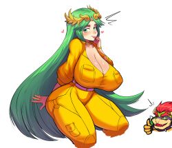 1boy 1girls 2022 absurd_res april_o'neil_(cosplay) bodysuit bowser breasts cleavage cosplay deity female goddess green_eyes green_hair hips huge_breasts kid_icarus kid_icarus_uprising long_hair male male_(face_only) mario_(series) naughty_face nintendo outfit_swap palutena pinkkoffin simple_background smile suggestive_look teenage_mutant_ninja_turtles thick_thighs thighs tight_clothing tight_fit wide_hips