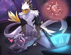 anthro aquill avery_(aquill) avian biped bird black_body blue_eyes corvid detailed_background doggy_style dragon duo female from_behind_position heart hi_res hybrid impregnation male male/female oscine ovum passerine red_eyes sex smile sperm_cell watermark white_body