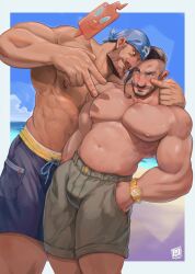 2boys archie_(pokemon) bandana beach bulge chairman_rose flaccid gumball/benoitxie human male male_only muscles muscular muscular_male outdoors outside peace_sign pokemon pokemon_oras pokemon_ss selfie swimwear team_aqua