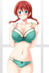 1girls big_breasts bikini bikini_bottom bikini_top blush blushing blushing_at_viewer embarrassed emma_verde female green_bikini love_live! love_live!_nijigasaki_high_school_idol_club utomo