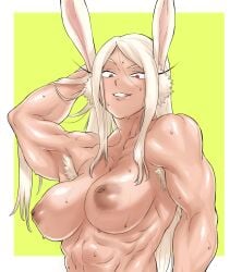 1girls abs animal_ears armpit_fetish armpit_hair athletic_female dark-skinned_female dark_nipples female female_armpit_hair hairy_armpits inverted_nipples kemonomimi kouya_toufu large_breasts long_hair looking_at_viewer mature_female miruko muscular muscular_female my_hero_academia nude raised_eyebrow red_eyes rumi_usagiyama smile sweat white_hair yellow_background