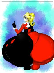 1girls ass batman_(series) blonde_hair bodysuit bottom_heavy dc dc_comics domino_mask dragonicxs female female_only gofenix harley_quinn harley_quinn_(classic) huge_ass hyper_ass hyper_hips hyper_thighs looking_back pigtails rear_view solo twintails