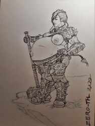 1girls asymmetrical_hair belly big_belly big_breasts breasts dwarf fantasy female hammer hand_on_hip nipple_piercing nipples pregnant solo_female traditional_media_(artwork) zero-thl