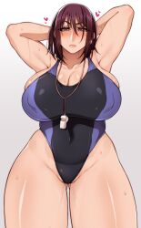 1girls arms_behind_head arms_up big_breasts cleavage female korotsuke mole_under_eye naomi_tokunaga solo solo_female solo_focus sweat swimsuit the_creepy_glasses_girl wet_skin whistle wide_hips