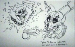 2boys animatronic anthro balls cum_in_mouth cum_on_face cumshot dick ejaculation erect_nipples fangs fellatio five_nights_at_freddy's five_nights_at_freddy's_3 fnaf furry gay long_tongue looking_pleasured lowres male male/male male_only monochrome nipples open_mouth oral penis rabbit robot sex springtrap springtrap_(fnaf) tongue tongue_out
