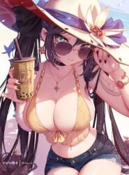 1girls 2022 adjusting_eyewear adjusting_glasses adjusting_sunglasses alternate_breast_size alternate_version_available beach black_hair black_nails booty_shorts breasts cleavage drink female female_only genshin_impact green_eyes hat holding_object huge_breasts jean_shorts large_hat long_hair looking_at_viewer looking_over_eyewear looking_over_glasses looking_over_sunglasses mitsu_art mona_(genshin_impact) nail_polish navel_piercing necklace outdoors short_shorts shorts smile sun_hat sunglasses tinted_eyewear