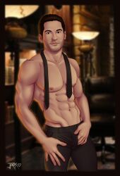 1boy actor bar caucasian caucasian_male celebrity dilf in_character jack_off_hearts jeans lucifer_(tv_series) lucifer_morningstar_(dc) male male_only muscles muscular muscular_male shirtless_male solo solo_male tie tom_ellis