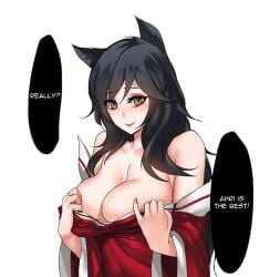 9_tails ahri animal_ear_fluff animal_ears animal_girl big_breasts black_hair breasts busty cleavage clothing color dialogue english_text eyelashes eyeliner eyeshadow facial_markings female fluffy fluffy_ears fluffy_tail fluffy_tails fox fox_ears fox_girl fox_tail furry_tail huge_breasts humanoid inner_ear_fluff kemonomimi kitsune large_breasts league_of_legends light-skinned_female light_skin long_hair multiple_tails nine_tailed_fox pale-skinned_female pale_skin pd riot_games tail text vastaya video_games yellow_eyes