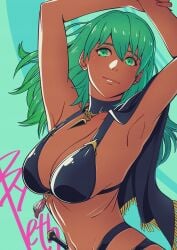 1girls absurdres aduti_momoyama alternate_costume arms_up bikini black_bikini black_swimsuit breasts byleth_(fire_emblem) byleth_(fire_emblem)_(female) byleth_(summer)_(fire_emblem)_(female) cleavage closed_mouth dark-skinned_female dark_skin female female_only fire_emblem fire_emblem:_three_houses fire_emblem_heroes green_eyes green_hair highres large_breasts long_hair looking_at_viewer navel nintendo official_alternate_costume smile solo swimsuit