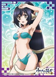 1girls animal_ears arm_above_head arm_up armpits bikini bikini_bottom bikini_top breasts brown_eyes cleavage female female_only kuon_(utawarerumono) legs looking_at_viewer medium_breasts navel official_art smile solo strapless_bikini strapless_bra strapless_top swimsuit thighs utawarerumono