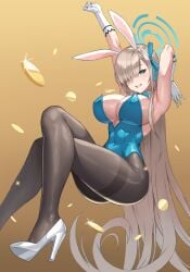 1girls 2d 2d_(artwork) armpits arms_up asuna_(blue_archive) asuna_(bunny)_(blue_archive) asuna_(bunny_girl)_(blue_archive) blonde_hair blue_archive bunny_ears bunnysuit female female_only heels high_heels light-skinned_female pantyhose solo sweat thick_thighs tongue_out visible_breath weni