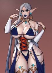 1girls akira_raikou bare_shoulders big_lips bikini_top bimbo_lips blue_hair blue_lipstick bridal_gauntlets earrings elf female female_only freckles freckles_on_breasts freckles_on_chest freckles_on_face fully_clothed gradient_hair grey_hair huge_breasts long_hair oc original pinup pointy_ears revealing_clothes skimpy_clothes solo thick_lips thick_thighs thighhighs underboob