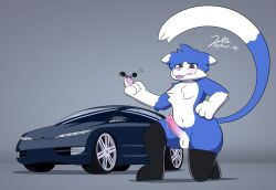 2000s anthro balls belly blue_body blue_fur bodily_fluids car clothing cum cum_drip domestic_cat dripping felid feline felis fluffy fur genital_fluids genitals girly grey_eyes hi_res jetta_(jettacat) jettacat leggings legwear looking_at_viewer looking_down low-angle_view male male_only mammal navel oldsmobile oldsmobile_profile penis precum satire smile smirk solo teeth thong underwear vehicle wide_hips