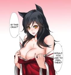 9_tails ahri animal_ear_fluff animal_ears animal_girl big_breasts black_hair breasts busty cleavage clothing color dialogue english_text eyelashes eyeliner eyeshadow facial_markings female fluffy fluffy_ears fluffy_tail fluffy_tails fox fox_ears fox_girl fox_tail furry_tail huge_breasts humanoid inner_ear_fluff kemonomimi kitsune large_breasts league_of_legends light-skinned_female light_skin long_hair multiple_tails nine_tailed_fox pale-skinned_female pale_skin pd riot_games tail text vastaya video_games yellow_eyes