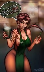 1girls apron asian asian_female black_lagoon breast_milk breasts brown_hair cup female female_only green_apron iced_latte_with_breast_milk lactation light-skinned_female light_skin marker meme nipples ponytail revy solo starbucks switchlaid tattoo yellow_eyes
