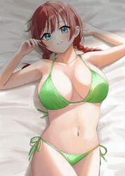 1girls absurd_res absurdres bed big_breasts breasts emma_verde female freckles green_bikini green_eyes highres large_filesize love_live! love_live!_nijigasaki_high_school_idol_club very_high_quality