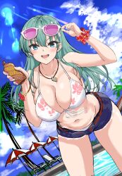 akizuki_akina aqua_eyes aqua_hair beach_umbrella bikini blue_sky breasts chair cleavage cloud cutoffs day denim denim_shorts dutch_angle female floral_print front-tie_top groin hair_ornament hairclip highres jewelry kantai_collection large_breasts lens_flare long_hair lotion lounge_chair navel necklace outdoors palm_tree pool scrunchie shorts sky solo standing sunscreen suzuya_(kantai_collection) swimsuit tree umbrella white_bikini wrist_scrunchie