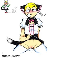 belly_bulge blonde_hair booty_eater69 cat_ears cat_tail catboy cuntboy dave_and_bambi_mod garrets_fun_animal_game garrett intersex lifting_dress maid_dress open_mouth pussy riding stockings thighhighs watermark white_stockings