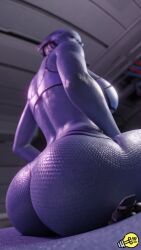 1girls 3d asari ass big_ass blue_body butt_focus curvy curvy_female depth_of_field envlight female female_only giantess liara_t'soni low-angle_view mass_effect solo sports_uniform thick_thighs