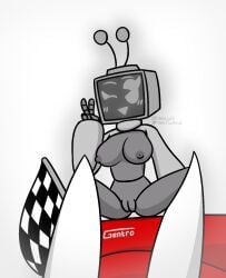 1girls breasts car checkered_flag female flag gentro_(yellolight) mariah_arts red_car robot robot_girl screen_face toons_(mariah_arts) tv_head v_sign yellolight