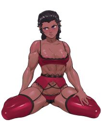 athosart black_hair blush garter_belt kneeling lingerie muscular muscular_female nipples see-through small_breasts solo white_background