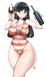 1girls 2022 alcohol black_hair blush breasts female female_only hi_res hips holding_object kenron_toqueen large_breasts long_hair octoosr one-piece_swimsuit red_eyes simple_background slim_waist smile spy_x_family striped_swimsuit swimsuit thick_thighs thighs wide_hips wine wine_bottle wine_glass yor_briar yor_forger