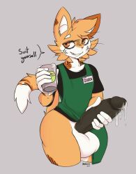 aronhilistix balls barista big_balls cum cum_in_cup domestic_cat eyeshadow felid feline gozer_(aronhilistix) grin hyper large_penis male orange_fur penis