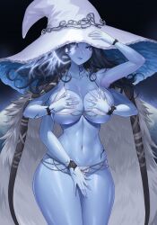 1girls big_ass big_breasts blue_skin deathbed_smalls elden_ring female female_only fromsoftware grabbing_own_breast multi_arm multi_limb ranni_the_witch solo thick_thighs weni witch_hat