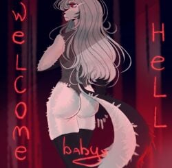 adorable anthro artechka ass big_ass furry gray_body gray_hair grey_skin hell hellhound helluva_boss huge_ass large_ass long_hair loona_(helluva_boss) presenting red red_background red_eyes sexyfur stocking stockings stokings tights