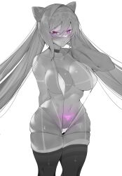 absurdres arm_behind_back bikini blush brashearlushert bright_pupils cameltoe choker collarbone cone_hair_bun diamond-shaped_pupils diamond_(shape) double_bun female genshin_impact glowing glowing_eyes glowing_tattoo greyscale hair_bun highres keqing_(genshin_impact) long_hair monochrome parted_lips pubic_tattoo purple_eyes simple_background skindentation solo spot_color swimsuit symbol-shaped_pupils tan tanlines tattoo thighhighs twintails very_long_hair white_background white_pupils