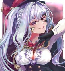 1girls brown_eyes card_between_breasts cartoony female female_only guardian_tales highres lucy_(guardian_tales) ponytail pulling_out_card reiyu_gadeteru solo tagme tongue tongue_out trickster_lucy_(guardian_tales) two_tone_hair white_hair