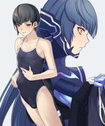 androgynous bulge femboy male_focus male_only morimiya_(kuroro) nahobino_(smt) one-piece_swimsuit penis_in_swimsuit protagonist_(shin_megami_tensei_v) shin_megami_tensei shin_megami_tensei_v solo_male swimsuit trap