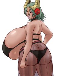 1girls alternate_costume aokuro ass ass_cleavage back backboob bare_back bare_thighs black_swimsuit breasts bursting_breasts butt_crack dark-skinned_female dark_skin female female_only fire_emblem fire_emblem_heroes flower gigantic_breasts green_hair hair_flower horns huge_ass huge_breasts hyper_breasts laegjarn_(fire_emblem) laegjarn_(summer)_(fire_emblem) large_areolae large_ass lips lipstick multicolored_hair nintendo official_alternate_costume one-piece_swimsuit purple_lips purple_lipstick red_eyes sarong see-through short_hair sideboob skindentation smile solo swimsuit thick_thighs thighs