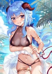 ahoge armlet artist_name bare_shoulders beach bikini black_bikini black_swimsuit blonde_hair blue_hair blue_sky bow bracelet breasts bubble clavicle cleavage clothing cloud cloudy_sky cowboy_shot crystal day female female female_only female_solo floating_hair ganyu_(genshin_impact) gem genshin_impact gluteal_fold goat_horns grin hair_ornament hairbow high_resolution horns jewelry leaf long_hair looking_at_viewer low_ponytail medium_breasts midriff multi-strapped_bikini navel outdoors pixiv ponytail purple_eyes sand sarong see-through sidelocks sky smile solo squ-chan squchan standing stomach string_bikini sunbeam sunlight swimsuit text thigh_gap thighlet thighs tied_hair water water_bubbles