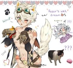 2boys bennett_(genshin_impact) blush bone ear erect_penis fluffy_ears fluffy_tail furry genshin_impact gloves googles green_eyes grey_hair male male_only one_eye_closed penis razor_(genshin_impact) red_eyes tail white_hair