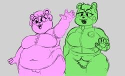 2girls abs animal_crossing anthro anthro_only bbw bear bear_girl big_breasts bottomless bottomless_female breasts charlise_(animal_crossing) chubby chubby_female clothed clothing duo eyelashes fangs female female_only fur furry furry_female furry_only genitals gesture gnausea gnauseating green_body green_fur grey_background hair happy head_tuft jacket mammal muscular muscular_female navel nintendo open_mouth overweight overweight_female partially_clothed pawpads pink_body pink_fur pinky_(animal_crossing) pubes pussy raised_arm rosy_cheeks simple_background thick_thighs topwear tuft ursid video_games waving wide_hips