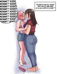 2girls against_wall akiosketch akiosketchb ame_(akiosketch) barefoot big_ass big_breasts blush breasts bubble_butt choker emma_(akiosketch) english_text feet female femsub flip_flops flustered glasses height_difference how_to_talk_to_short_people jean_shorts jeans lifting_person meme mommy_kink mommy_sorry_mommy multiple_girls sandals size_difference submissive_female t-shirt tagme taller_female tank_top yuri