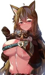 1girls 2022 animal_ears big_breasts blush breasts busty canid canid_humanoid canine canine_humanoid cum cum_on_belly cum_on_breasts cum_on_stomach dog_ears dog_girl female female_only genderswap_(mtf) genshin_impact gorou_(genshin_impact) half_naked hinghoi huge_breasts large_breasts mammal mammal_humanoid ms_hina_(genshin_impact) navel rule_63 simple_background solo voluptuous white_background