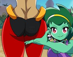 2girls alternate_costume ass ass_focus bikini dark-skinned_female dark_skin datwondoude female female_only green_hair green_skin looking_back_at_viewer multiple_girls red_eyes rottytops shantae shantae_(character) smooth_skin