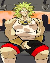 1boy boner broly broly_(dragon_ball_z)_1993 bulge dragon_ball erection grinning gripping_cock jamvcr legendary_super_saiyan male male_only public_transportation shounen_jump sitting solo train