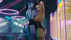 2girls 3d armpits ass asymmetrical_hair big_ass big_breasts blizzard_entertainment dark-skinned_female dliquad female female_only latina lingerie looking_at_viewer overwatch purple_hair purple_skin sombra thick_thighs widowmaker