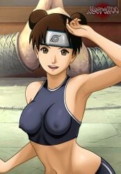 1girls areolae armpits arms_up belly_button breasts brown_eyes brown_hair crop_top detailed_background erect_nipples erect_nipples_under_clothes forehead_protector gym_shorts gym_uniform hair_buns headband headwear light-skinned_female light_skin looking_at_viewer medium_breasts naruto naruto_(classic) naruto_(series) naruto_shippuden necroxxx nipple_bulge nipples open_mouth perky_breasts petite pinup pose posing short_shorts shorts shounen_jump smile smiling solo solo_female solo_focus sports_bra standing tenten tied_hair tight_clothing wide_hips