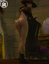 1girls 3d ass black_hair blender boots bottomless brown_eyes female female_only fishnet_pantyhose fishnets fortnite goth goth_girl gothic indoors leg_tattoo legwear lipstick looking_at_viewer looking_back middlemansfm no_panties nopan phaedra_(fortnite) smile solo_female standing tattoo witch witch_hat