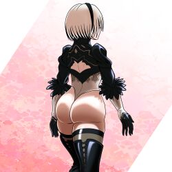 1girls ass ass_focus big_ass boots clothed dual_dragon female from_behind gloves hair_band leotard nier:_automata rear_view round_ass short_hair sole_female thick_thighs walking white_hair yorha_2b