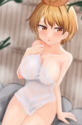 bangs black_hair blonde_hair blurry blurry_background breasts cleavage dakuazu female groin hair_ornament highres large_breasts looking_at_viewer multicolored_hair naked_towel onsen open_mouth orange_eyes outdoors see-through sitting solo steam streaked_hair toramaru_shou touhou towel