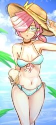 1girls 6yoshi9 bikini brawl_stars breasts cleavage colette_(brawl_stars) female_focus glasses hair_over_one_eye navel navigator_colette pink_hair scouter sun_hat swimsuit thighs tinted_eyewear visor