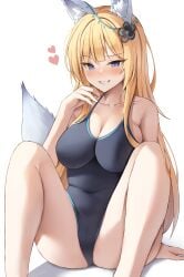 absurdres animal_ears blonde_hair blue_eyes blush breasts cameltoe cleavage cleft_of_venus commission female female fox fox_ears fox_girl fox_tail grin hair_ornament heart highres large_breasts naughty_face original sitting smile spread_legs swimsuit t373412 tail thighs